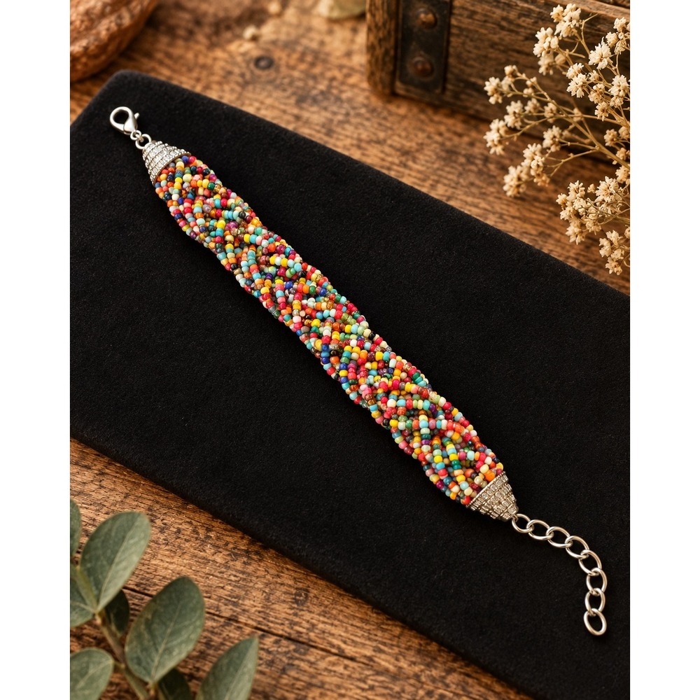 Multicolor Seed Bead Braided Statement Bracelet Boho Festival Hippie Adjustable